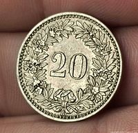 Reverse showing denomination 20, oak wreath, mint mark B