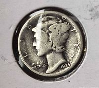 Obverse of 1935 Mercury dime showing LIBERTY, IN GOD WE TRUST, date