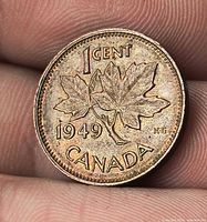 Reverse of 1949 Canadian penny showing 1 CENT, maple leaves, date