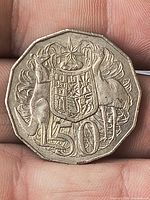 Reverse showing Australian Coat of Arms with kangaroo, emu and 50 denomination