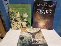 Three books standing on table showing front covers