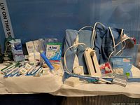 Overall view of all personal care items on table