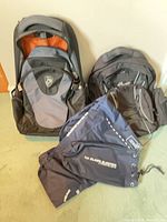 Group shot of Heys carry-on, Roots backpack, two Travelon sleeper pouches