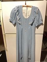 Front full view of blue gingham dress hanging