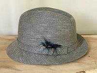 Side view of grey Stetson fedora with feather accent