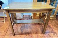 Full view of oak end table front and top