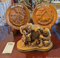 Chalkware friars figurine and two carved Philippines plates