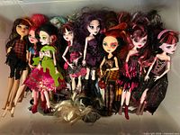 Tub of Monster High dolls with various outfits