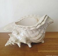 Profile of ceramic conch shell planter showing iridescent finish and shell ridges
