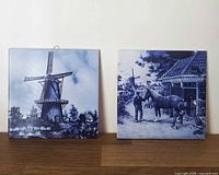 Both blue-white ceramic tiles side by side on shelf