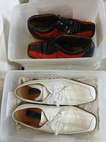 Both shoe pairs in separate clear bins: upper bin Sevasta Italiano red/black loafers, lower bin Giorgio Brutini white oxfords