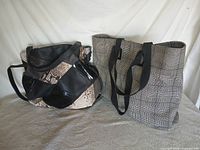 Both handbags side by side: patchwork hobo on left, plaid tote on right