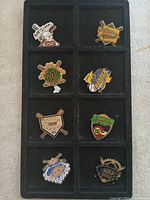 Tray showing all eight enamel baseball trading pins