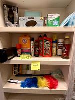 Full cabinet view of cleaning supplies and PPE items