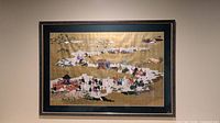 Full framed artwork showing Japanese scene within dark carved frame