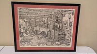 Full view of framed etching showing artwork, mat and frame