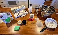 Overall view of all kitchen prep tools on countertop