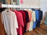 Row of ten men’s large cotton polo shirts on hangers showing color variety and condition