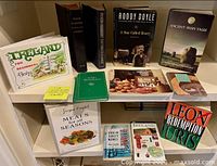 Front view of 11 Irish-themed books displayed on two shelves