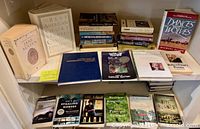 All books on two shelves showing titles and formats