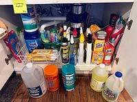 Overall view of all cleaning supplies stored under sink including jugs, sprays, wipes, scouring pads, dishwasher detergent, pest spray
