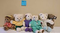 Front view of six teddy bears displaying colours, outfits, accessories and tags