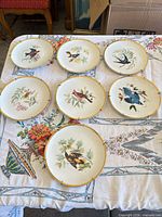 All seven porcelain bird motif wall plates on table