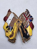 Front view showing crossed flags design and enamel loss