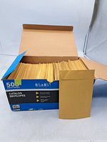 Open Columbian box showing stack of brown kraft catalog envelopes and one envelope displayed upright