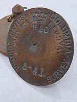 Front view of first brass survey disc showing embossed text, crown emblem, and date 1980