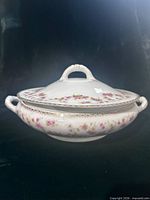 Side view of covered dish showing pattern and handles