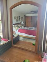 Front view of oak arched dresser mirror