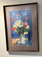 Full view of framed painting showing floral still life, mat and frame