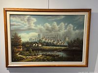 Full view of framed landscape print on wall