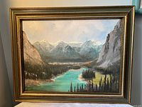 Framed oil painting showing Bow Valley scene