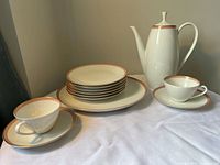Full set arranged: pot, cups, saucers, plates