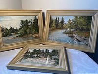 All three framed landscape oil paintings displayed together