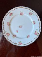 Front of Limoges plate showing floral pattern, scalloped gold rim