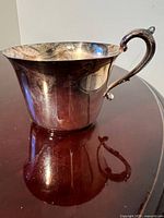 side view showing flared rim, body and ornate handle