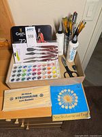 Overall lot with Castle Art set, palette knives, brushes, gesso bottles, watercolor pan case, scissors, straw packs, craft book
