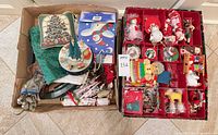 Two boxes containing organizer tray of ornaments and loose holiday items