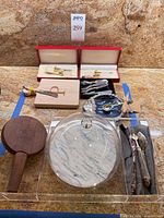 Overview of lot showing boards, acrylic tray with dome, dip set, utensils in boxes