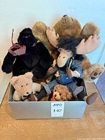 Box view of multiple plush animals