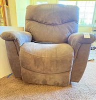 Front view of powered suede recliner