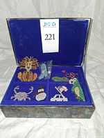 Open jewelry box showing multiple rhinestone pins and brooches