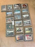 All 18 frames arranged on carpet displaying assorted metal styles and travel photos