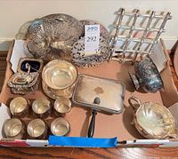 Tray view of all silver-plate items in cardboard tray