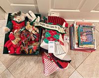 Overall lot with box of bears, stockings, sign and book stack