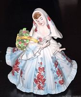 Front view of porcelain Victorian lady figurine showing color, posture and basket