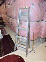 Full view of aluminum ladder folded open with reacher tool leaning beside
